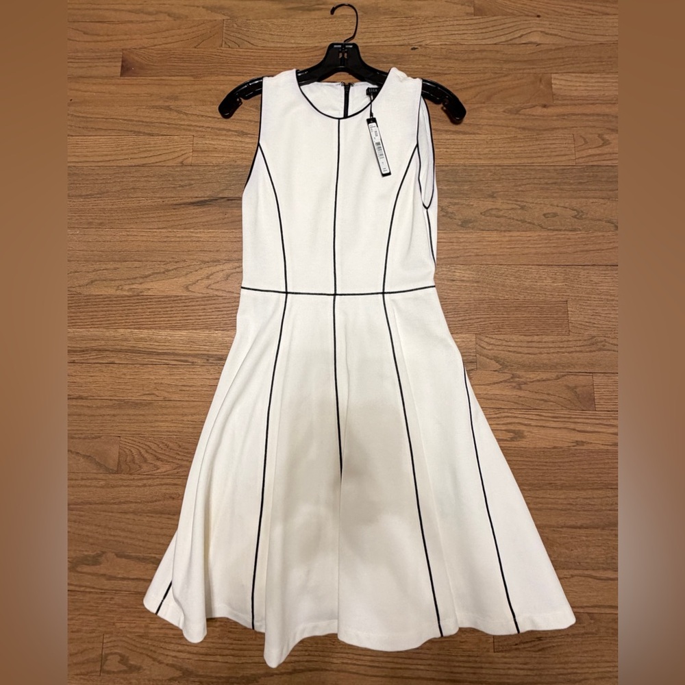 NTW Alice + Olivia White Sleeveless A Line Dress with Black Accents
